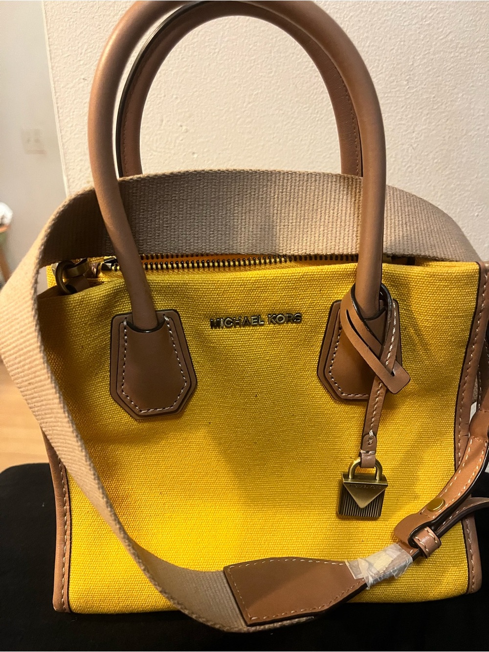 Michael Kors Yellow Canvas Satchel with Tan Leather Trim